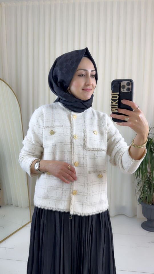 GOLD IŞILTILI EKRU TRİKO CEKET