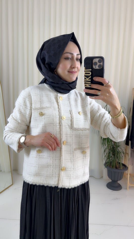 GOLD IŞILTILI EKRU TRİKO CEKET