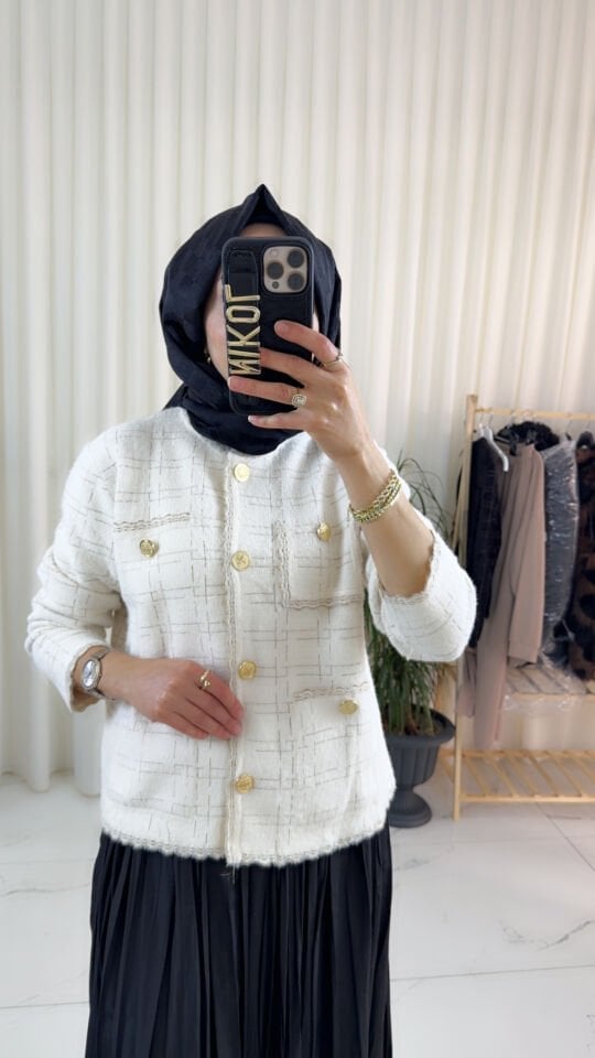 GOLD IŞILTILI EKRU TRİKO CEKET