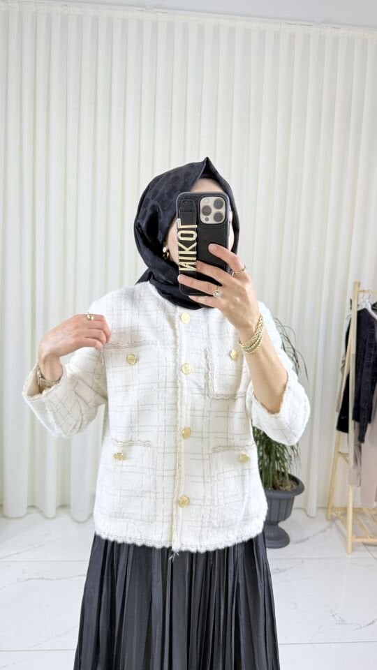 GOLD IŞILTILI EKRU TRİKO CEKET