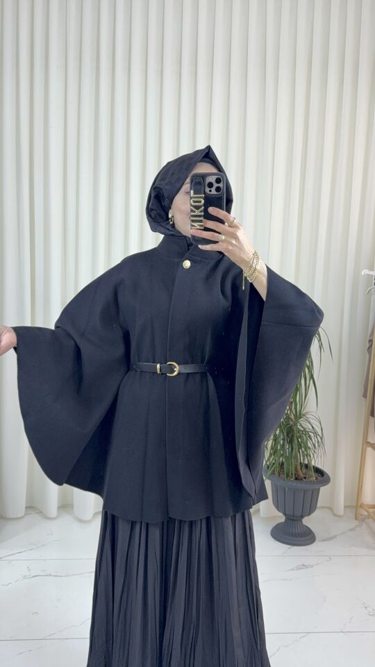 KEMERLİ SİYAH KAŞE PANÇO