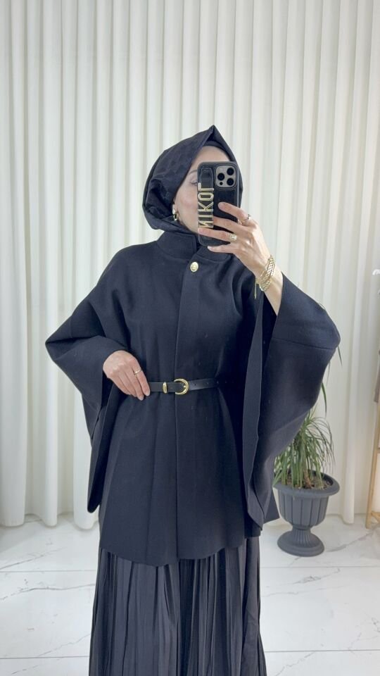KEMERLİ SİYAH KAŞE PANÇO