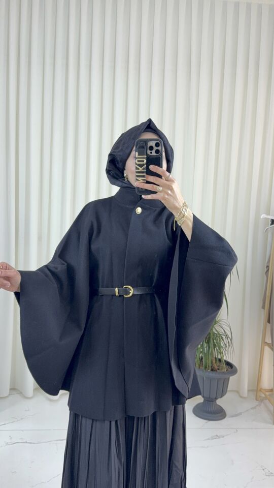 KEMERLİ SİYAH KAŞE PANÇO