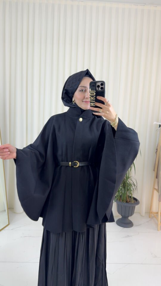 KEMERLİ SİYAH KAŞE PANÇO