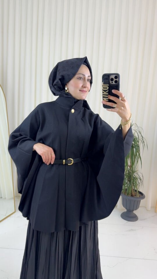 KEMERLİ SİYAH KAŞE PANÇO