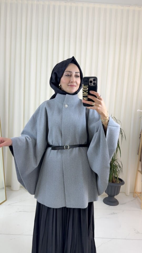 KEMERLİ GRİ KAŞE PANÇO