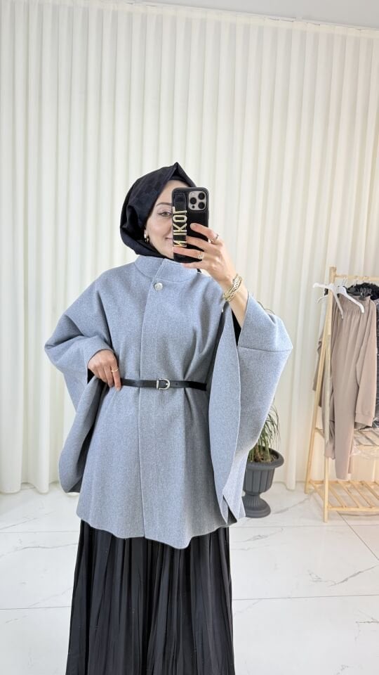 KEMERLİ GRİ KAŞE PANÇO