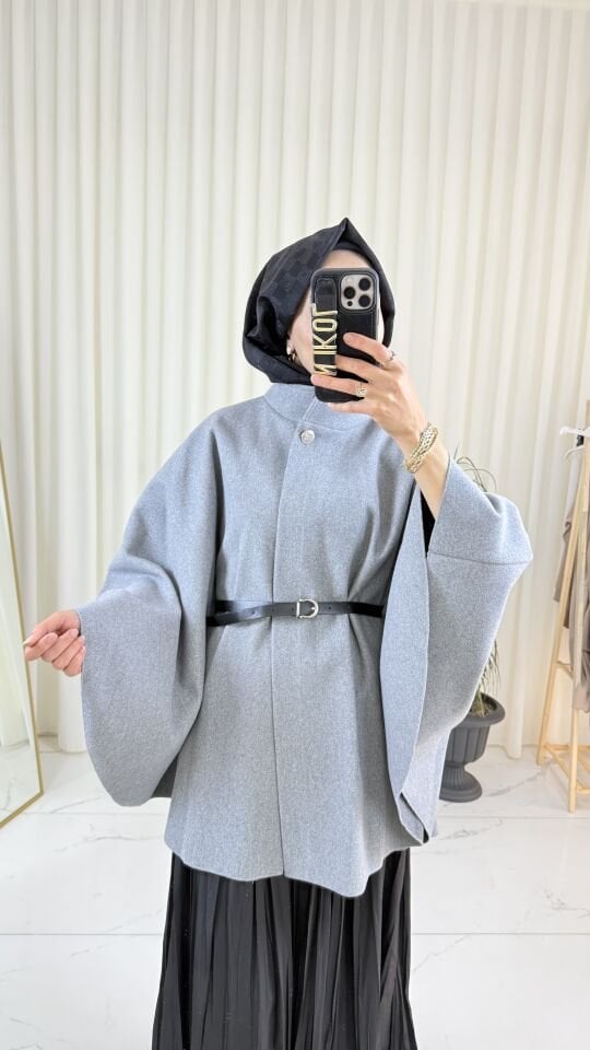 KEMERLİ GRİ KAŞE PANÇO